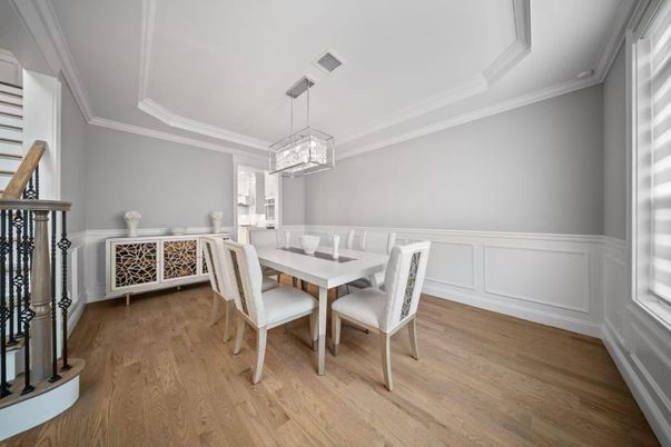 Dining room, Interior, Pendant Lights, Wood Texture Flooring