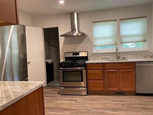 Interior, Kitchen, Recessed Lighting, Stainless Steel Appliances, Wood Texture Flooring
