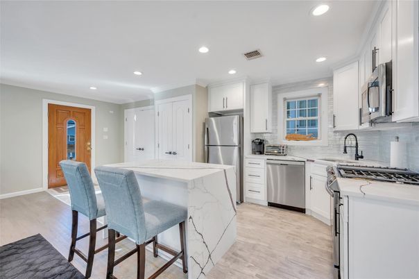 Interior, Kitchen, Recessed Lighting, Stainless Steel Appliances, Wood Texture Flooring