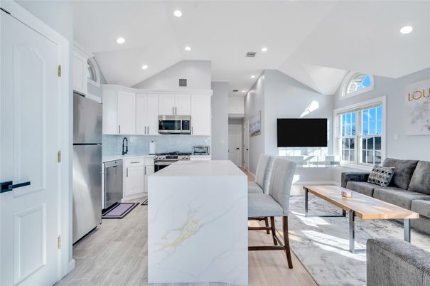 Interior, Kitchen, Living room, Recessed Lighting, Stainless Steel Appliances, Wood Texture Flooring