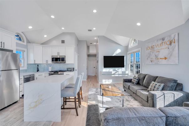 Interior, Kitchen, Living room, Recessed Lighting, Stainless Steel Appliances, Wood Texture Flooring
