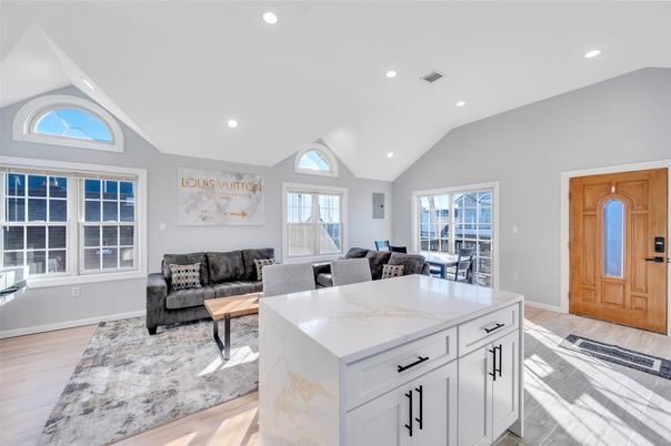 Dining room, Interior, Kitchen, Living room, Recessed Lighting, Wood Texture Flooring