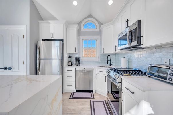 Interior, Kitchen, Recessed Lighting, Stainless Steel Appliances, Wood Texture Flooring