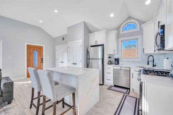 Interior, Kitchen, Recessed Lighting, Stainless Steel Appliances, Wood Texture Flooring