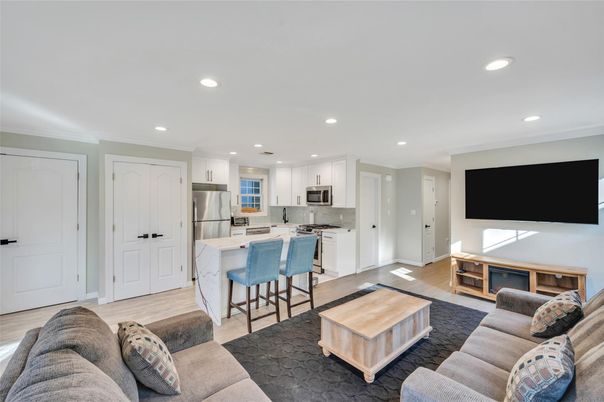 Interior, Kitchen, Living room, Recessed Lighting, Stainless Steel Appliances, Wood Texture Flooring