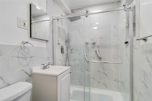 Bathroom, Glass Shower, Interior, Marble Walls, Recessed Lighting