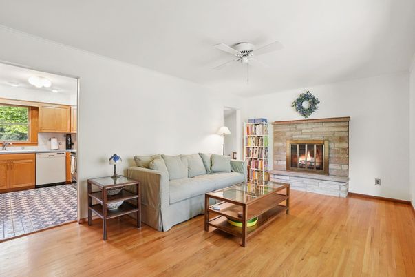 Fireplace, Interior, Kitchen, Living room, Wood Texture Flooring