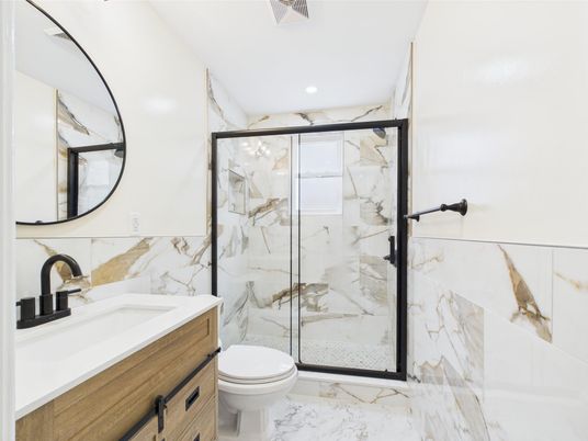 Bathroom, Glass Shower, Interior, Marble, Marble Walls, Recessed Lighting