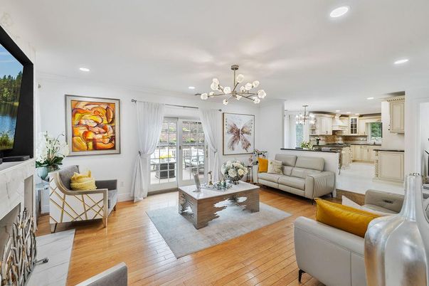 Fireplace, Interior, Kitchen, Living room, Pendant Lights, Recessed Lighting, Wood Texture Flooring
