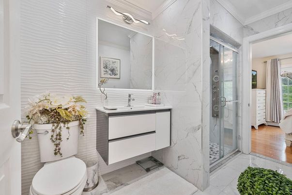 Bathroom, Glass Shower, Interior, Marble, Marble Walls, Wood Texture Flooring