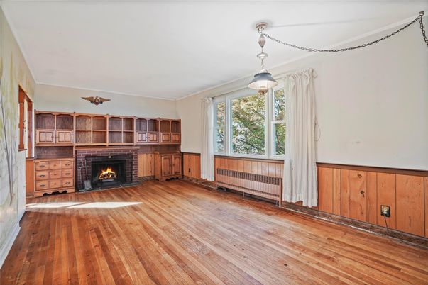 Empty room, Fireplace, Interior, Pendant Lights, Wood Texture Flooring