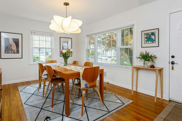 Dining room, Interior, Pendant Lights, Wood Texture Flooring