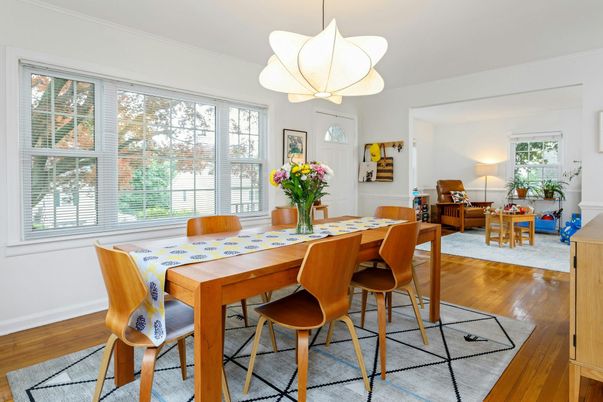 Dining room, Interior, Pendant Lights, Wood Texture Flooring