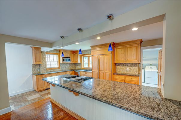 Interior, Kitchen, Pendant Lights, Recessed Lighting, Washer, Wood Texture Flooring