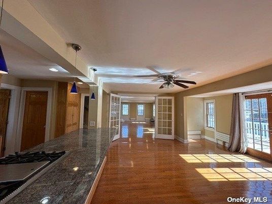 Empty room, Interior, Kitchen, Pendant Lights, Wood Texture Flooring