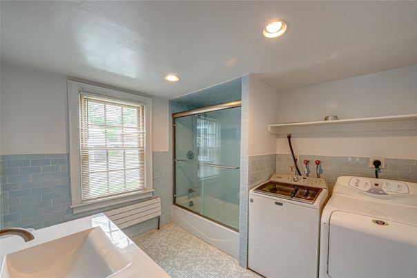 Bathroom, Glass Shower, Interior, Recessed Lighting, Washer
