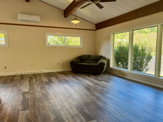Empty room, Interior, Pendant Lights, Wooden Beams, Wood Texture Flooring