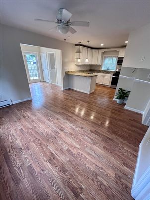 Empty room, Interior, Kitchen, Pendant Lights, Recessed Lighting, Wood Texture Flooring