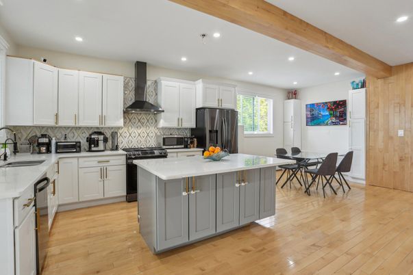 Interior, Kitchen, Recessed Lighting, Stainless Steel Appliances, Wooden Beams, Wood Texture Flooring