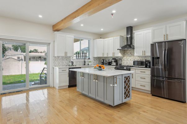 Interior, Kitchen, Recessed Lighting, Stainless Steel Appliances, Wooden Beams, Wood Texture Flooring