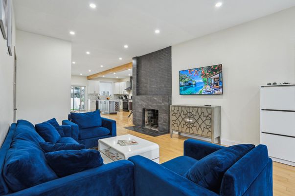 Fireplace, Interior, Kitchen, Living room, Recessed Lighting, Wood Texture Flooring
