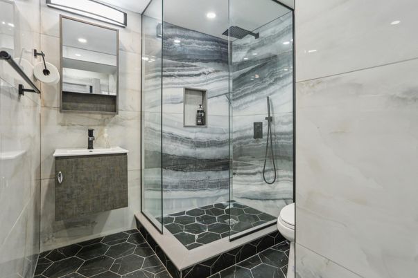 Bathroom, Glass Shower, Interior, Recessed Lighting