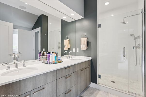 Bathroom, Dual Sink Vanities, Glass Shower, Interior, Recessed Lighting