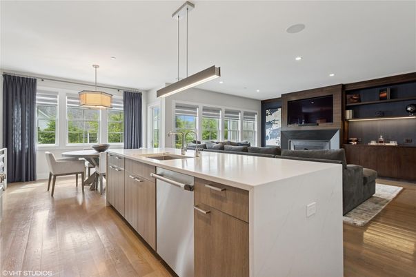 Dining room, Fireplace, Interior, Kitchen, Pendant Lights, Recessed Lighting, Wood Texture Flooring