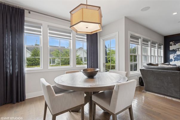 Dining room, Interior, Pendant Lights, Recessed Lighting, Wood Texture Flooring