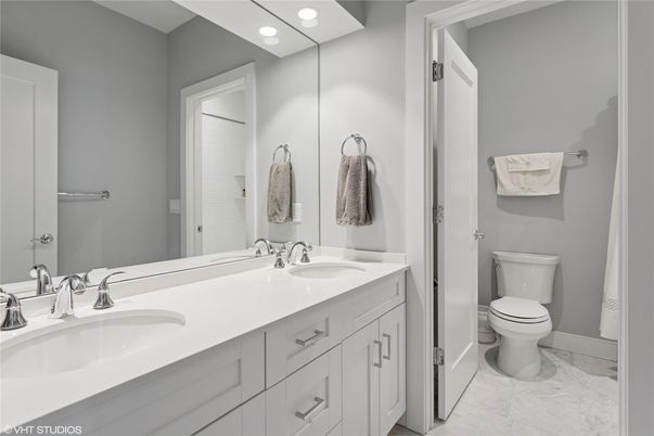 Bathroom, Dual Sink Vanities, Interior, Marble, Recessed Lighting