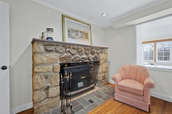 Fireplace, Interior, Recessed Lighting, Stone Walls, Wood Texture Flooring