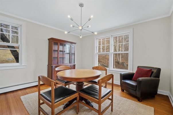 Dining room, Interior, Pendant Lights, Wood Texture Flooring