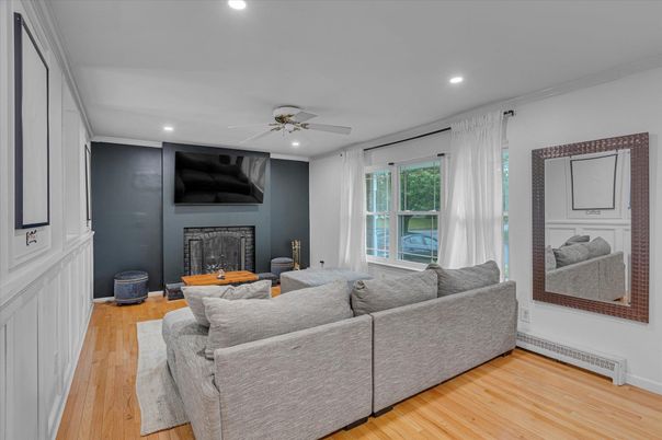 Fireplace, Interior, Living room, Recessed Lighting, Wood Texture Flooring