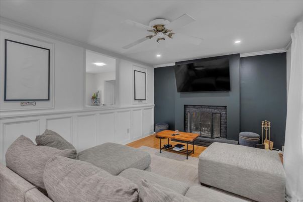 Fireplace, Interior, Living room, Recessed Lighting, Wood Texture Flooring
