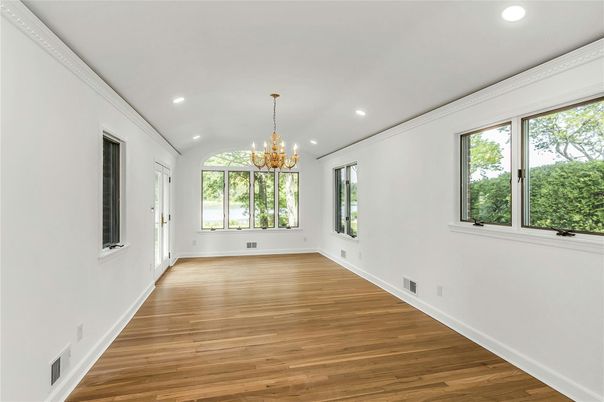 Chandelier, Empty room, Interior, Recessed Lighting, Wood Texture Flooring