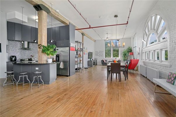 Dining room, Interior, Kitchen, Pendant Lights, Stainless Steel Appliances, Wood Texture Flooring