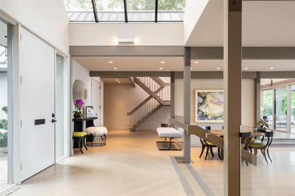 Dining room, Glass Ceilings, Interior, Recessed Lighting, Wood Texture Flooring