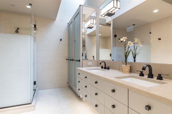 Bathroom, Dual Sink Vanities, Glass Shower, Interior, Recessed Lighting