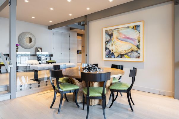 Dining room, Interior, Recessed Lighting, Wood Texture Flooring