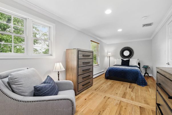 Bedroom, Interior, Recessed Lighting, Wood Texture Flooring