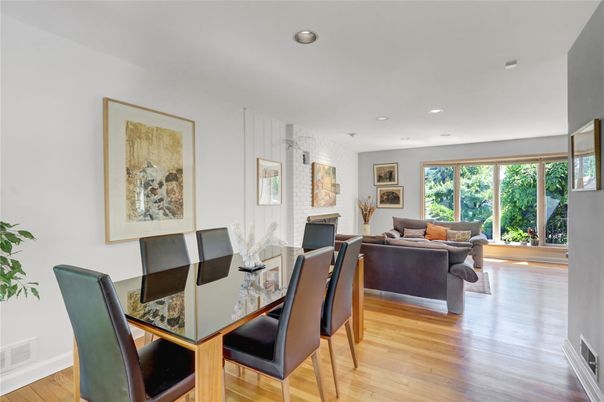 Dining room, Interior, Living room, Recessed Lighting, Wood Texture Flooring