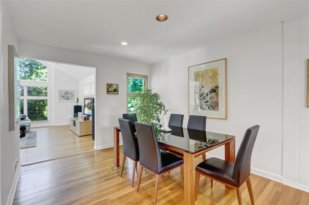 Dining room, Interior, Recessed Lighting, Wood Texture Flooring