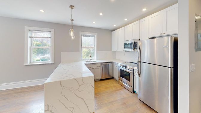 Interior, Kitchen, Pendant Lights, Recessed Lighting, Stainless Steel Appliances, Wood Texture Flooring