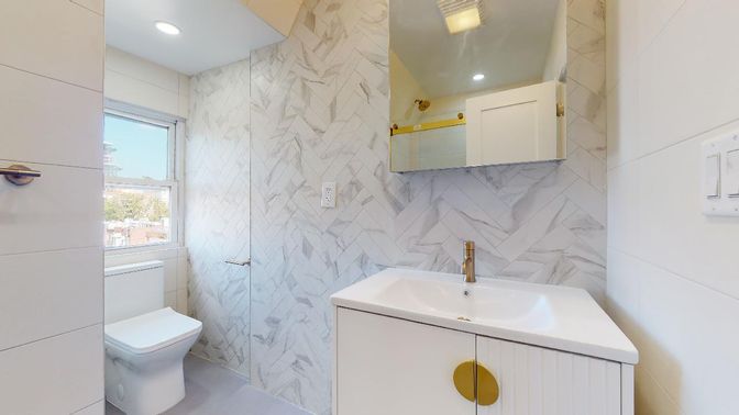 Bathroom, Interior, Marble Walls, Recessed Lighting