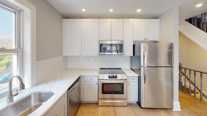 Interior, Kitchen, Recessed Lighting, Stainless Steel Appliances, Wood Texture Flooring