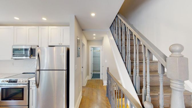 Interior, Kitchen, Recessed Lighting, Stainless Steel Appliances, Wood Texture Flooring