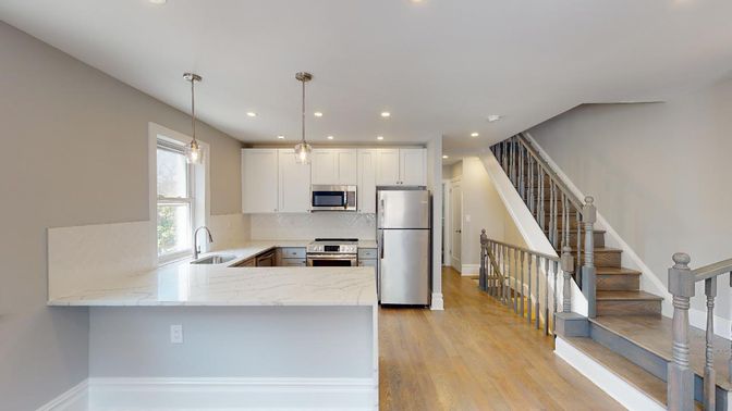 Interior, Kitchen, Pendant Lights, Recessed Lighting, Stainless Steel Appliances, Wood Texture Flooring