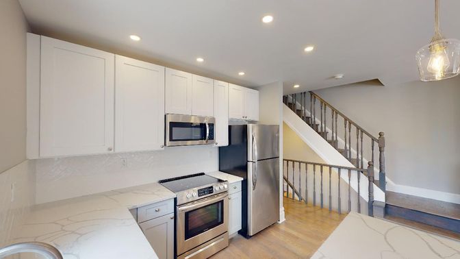 Interior, Kitchen, Pendant Lights, Recessed Lighting, Stainless Steel Appliances, Wood Texture Flooring