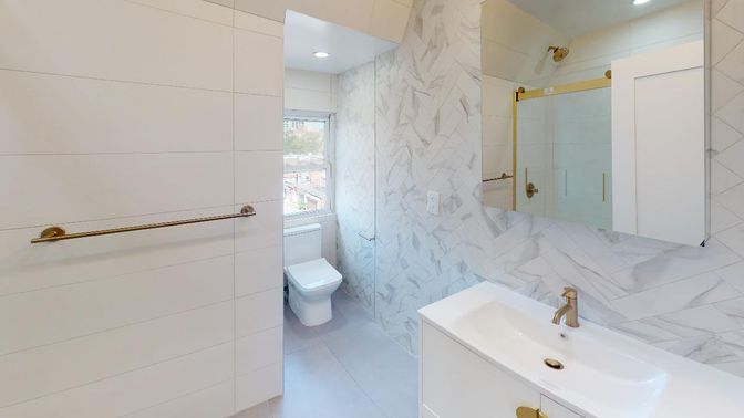 Bathroom, Interior, Marble Walls, Recessed Lighting