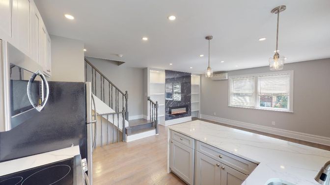 Fireplace, Interior, Pendant Lights, Recessed Lighting, Wood Texture Flooring